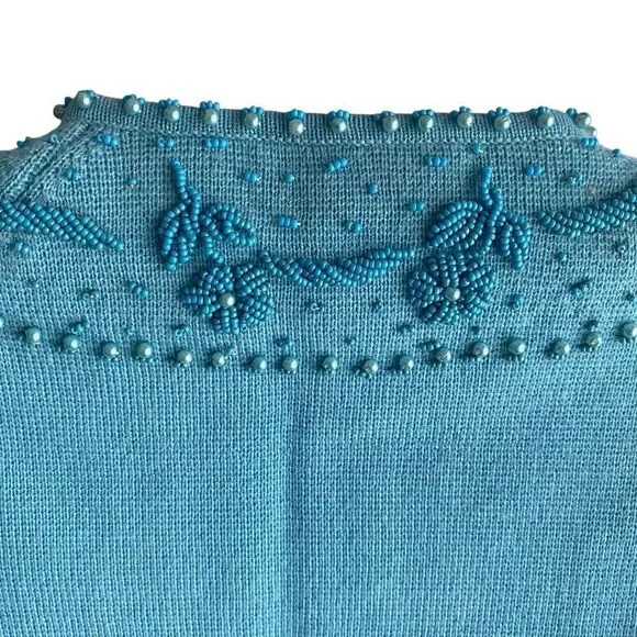 Vintage 1960's Sweater Jacket Women's 14 Wool Turquoise Beaded New Old Stock - Picture 6 of 8